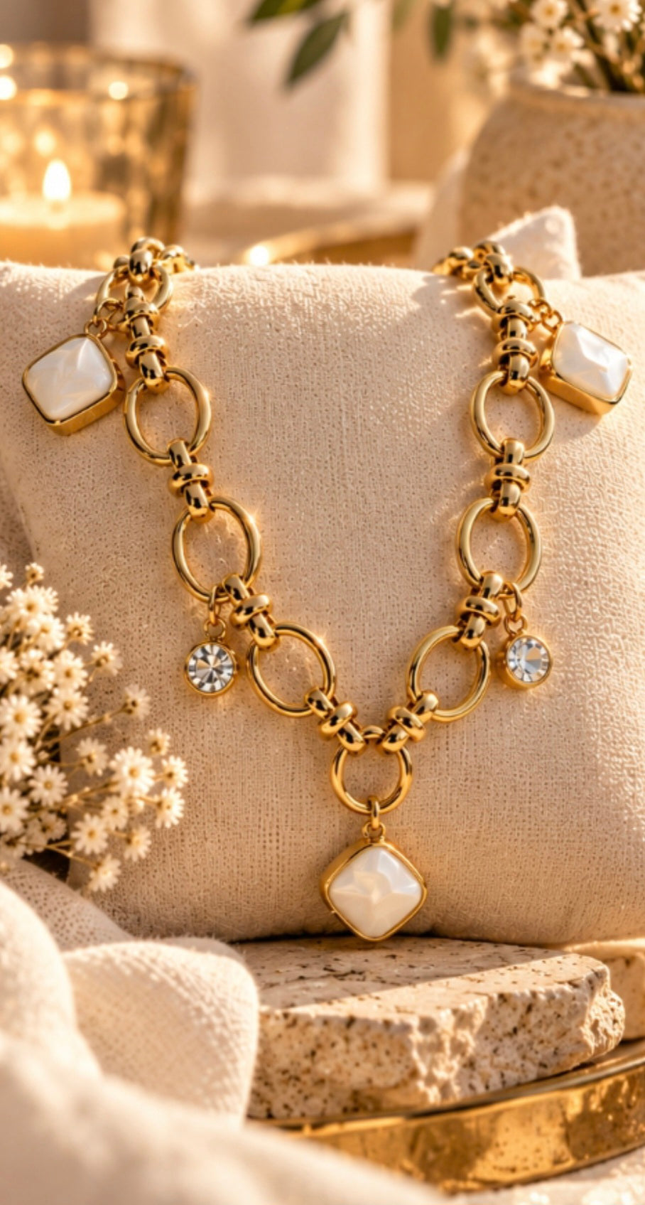 Collier grosse maille cristal et piece nacree