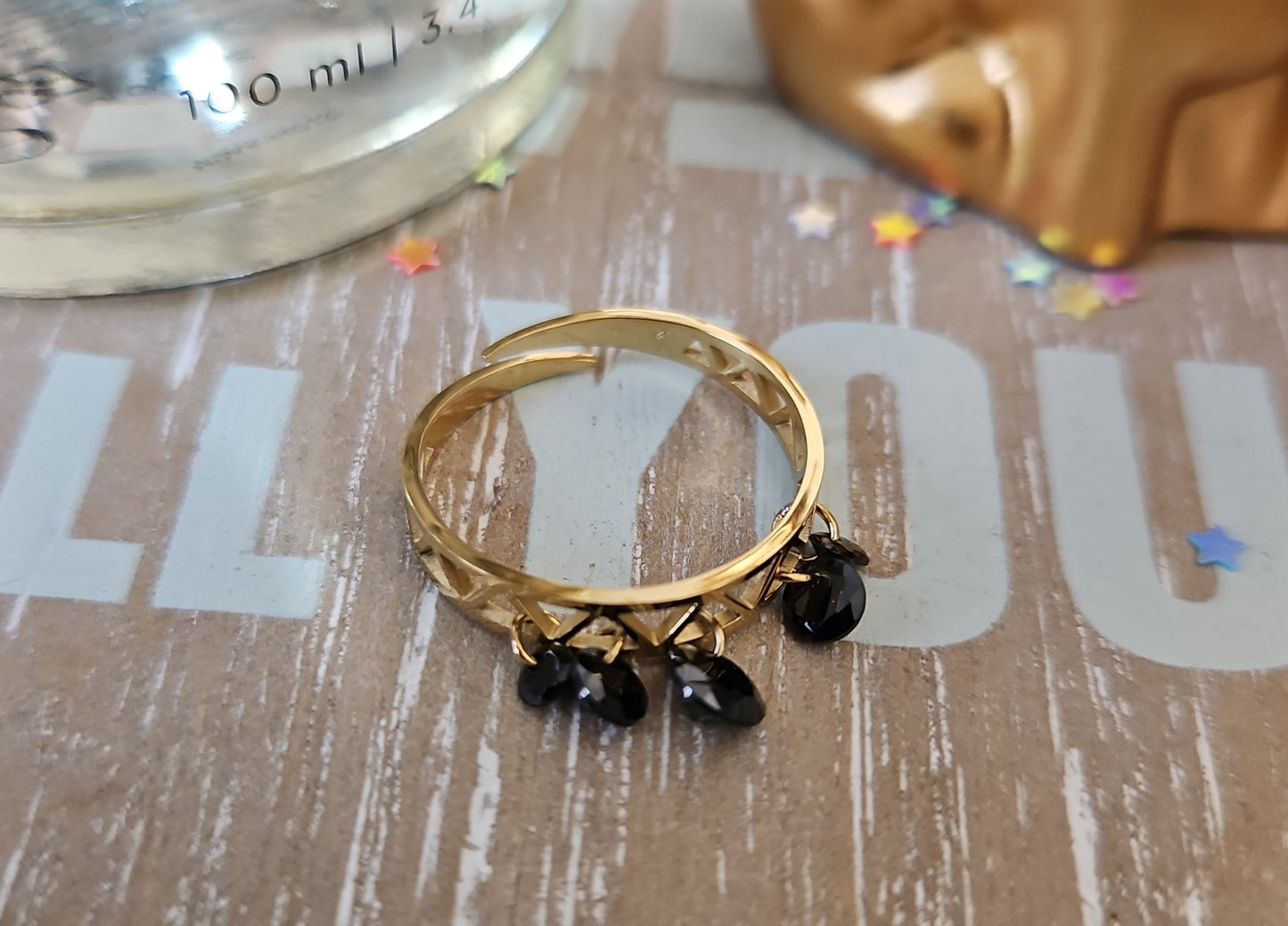 Bague cristaux noir fine