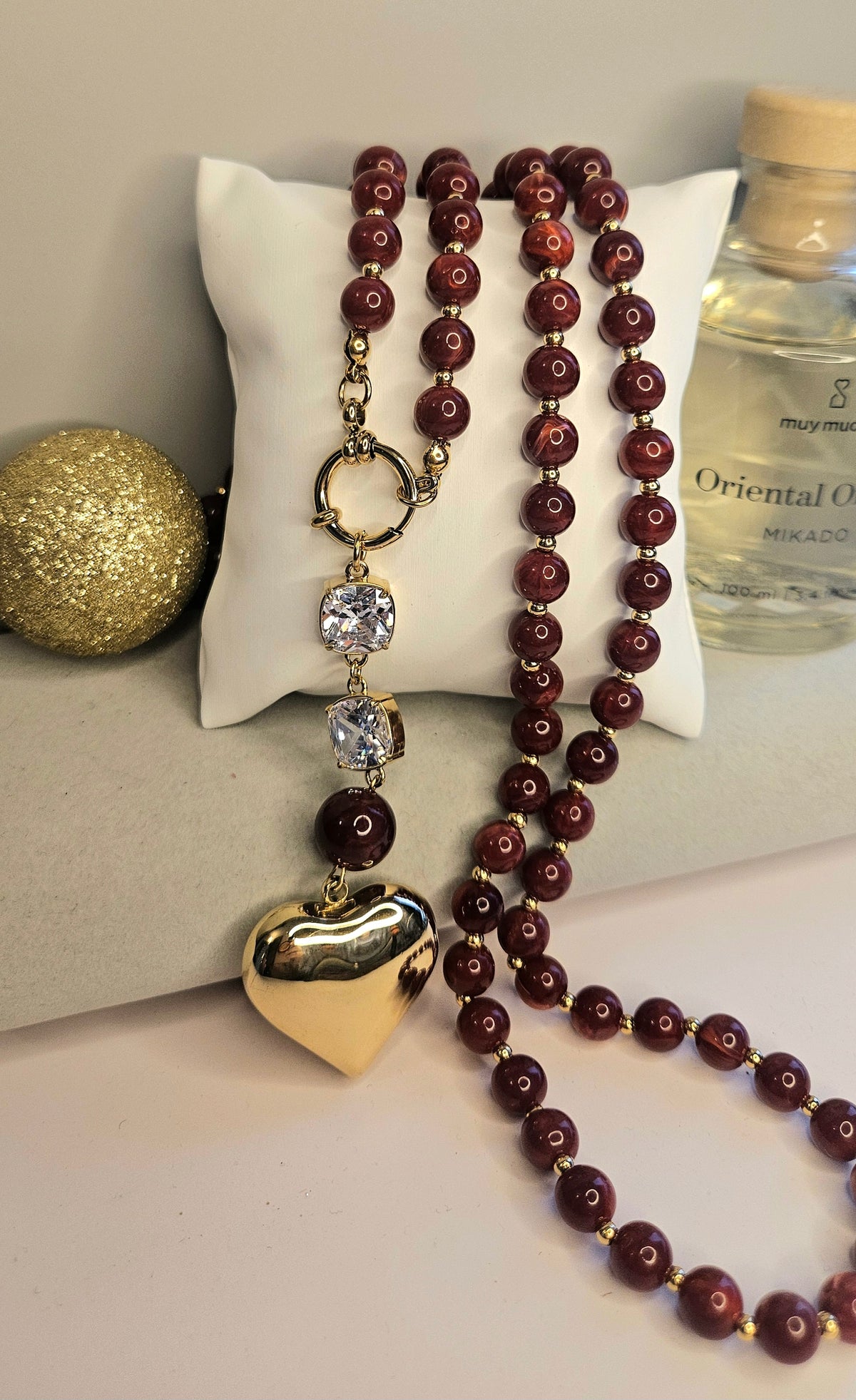 Collier sautoir bordeau cristal et coeur