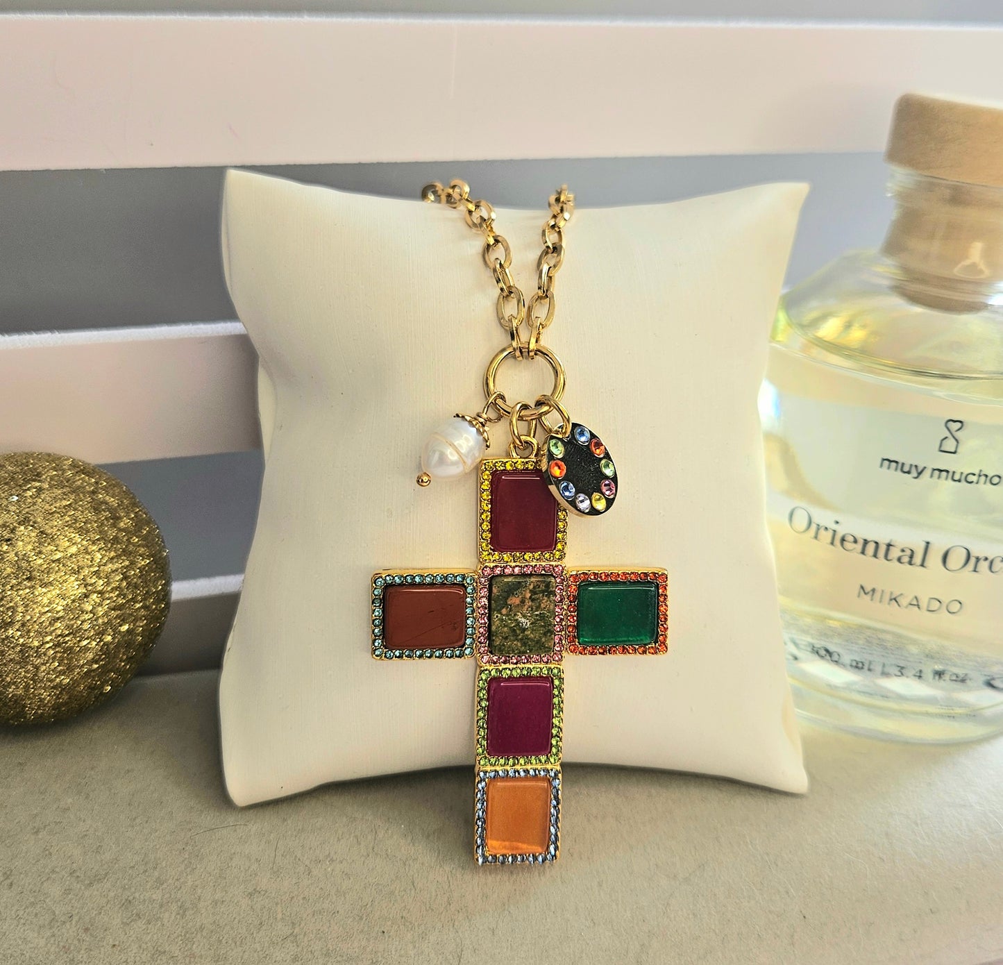 Collier grande croix pierre naturelle multicolore