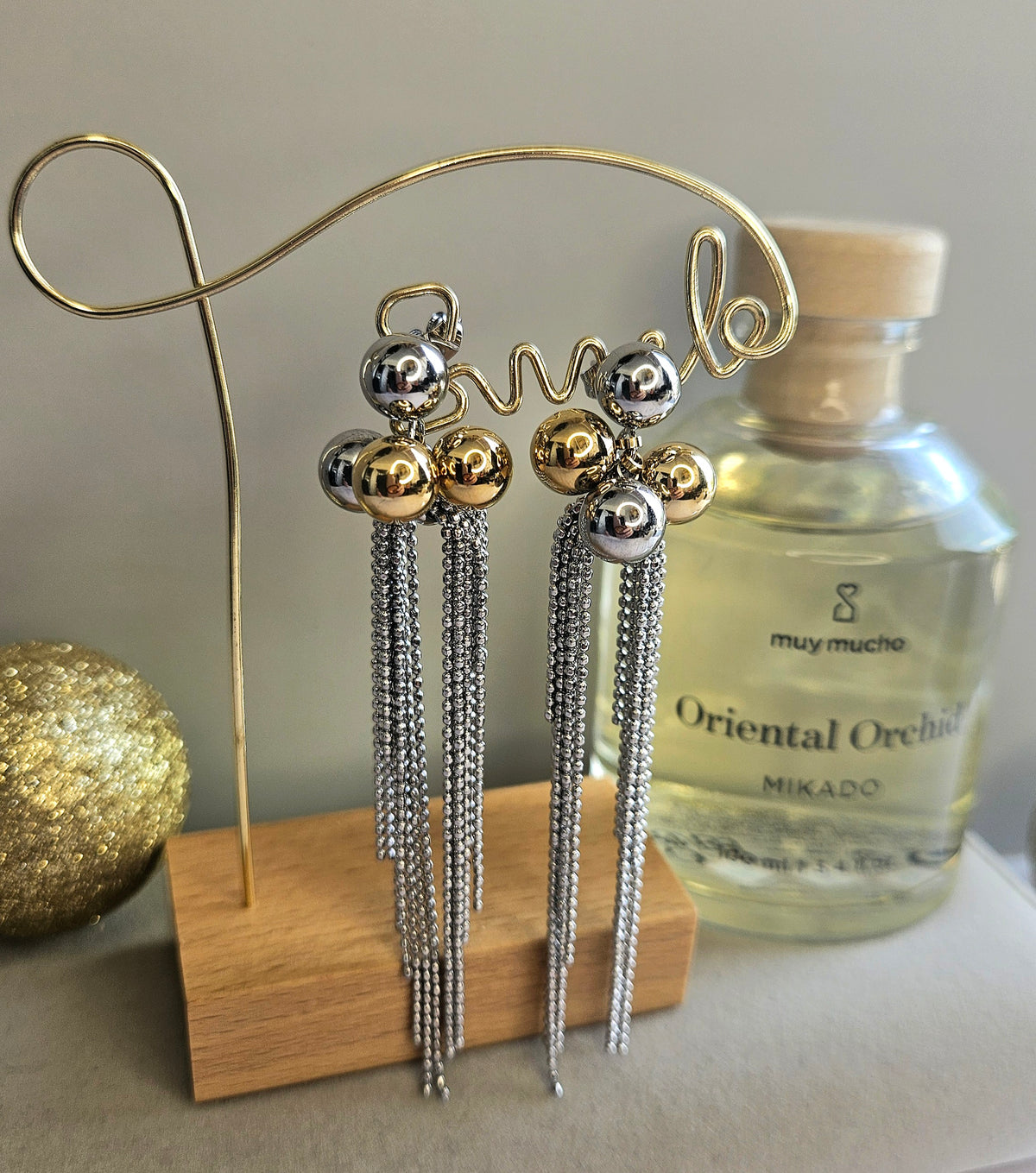 Boucles d'oreilles bicolor perle et chaine