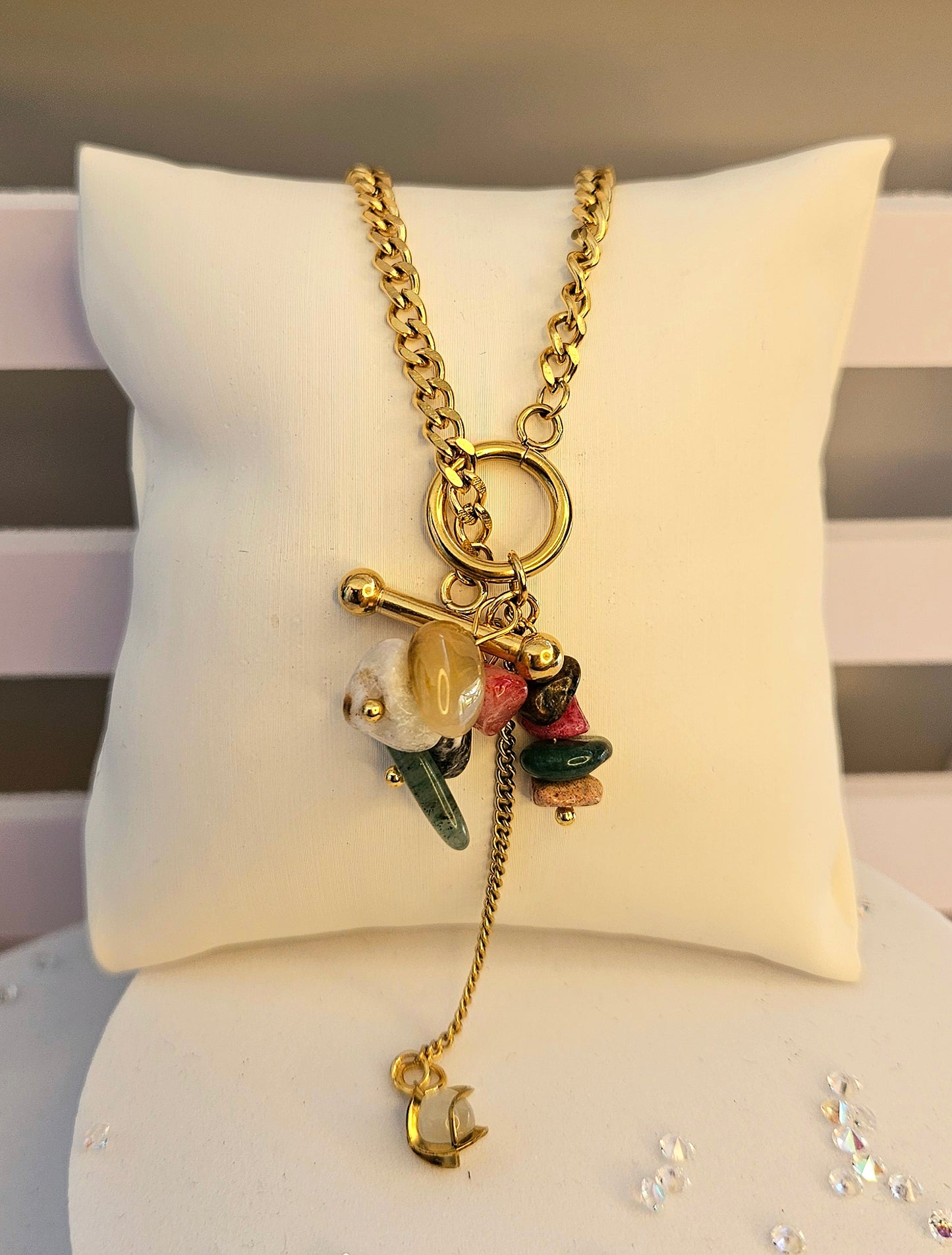 Collier pierre multicolore et anneau