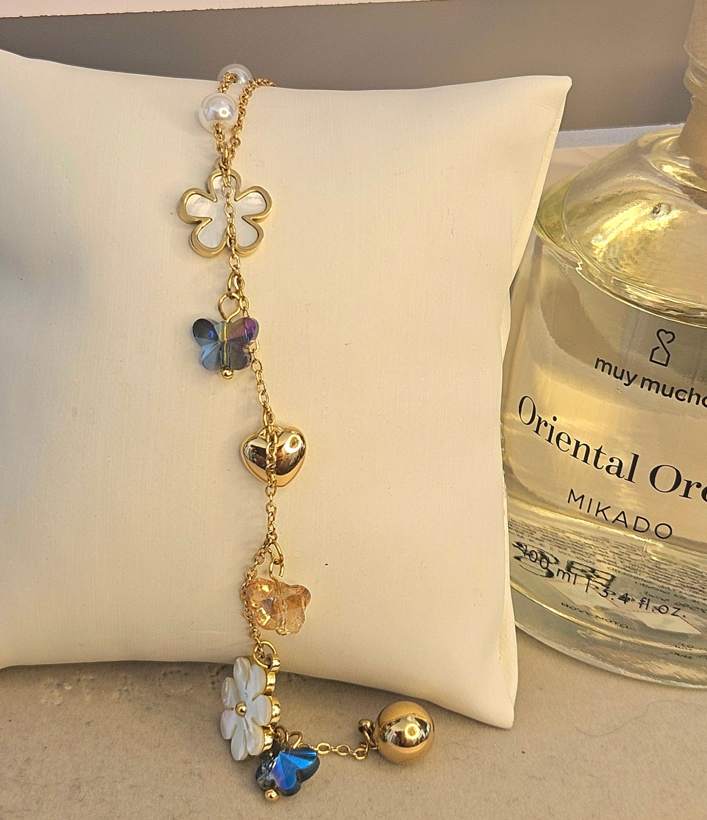 Collier y long papillon cristal fleur nacre