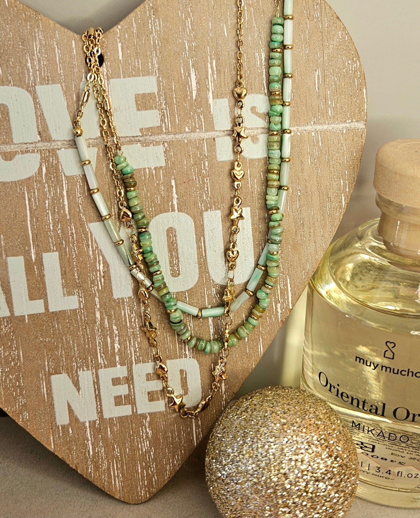 Collier perle verte 3 rangs
