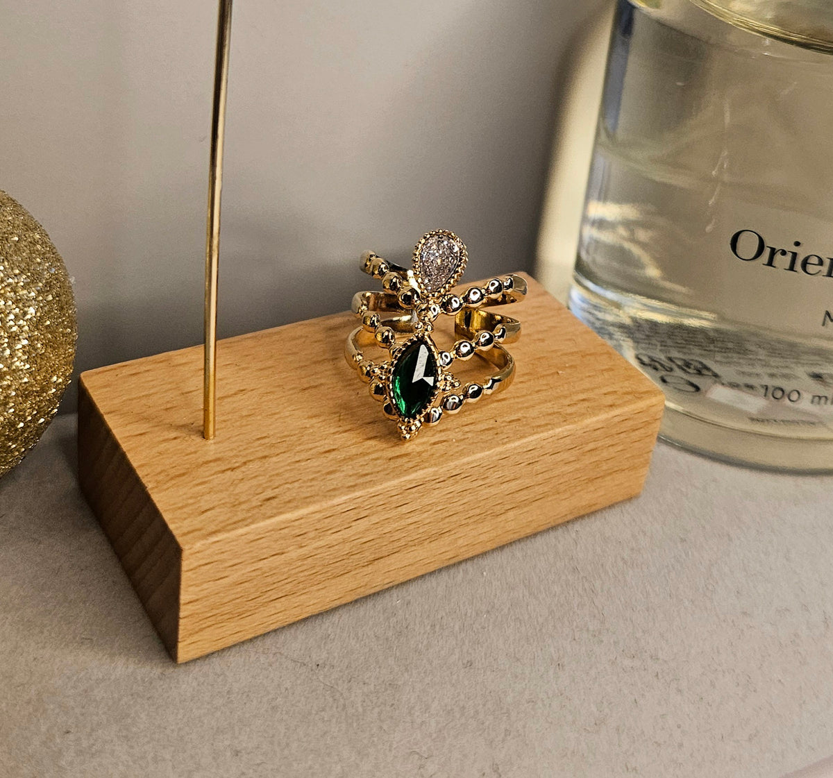 Bague cristal 3 rangs verte et argent