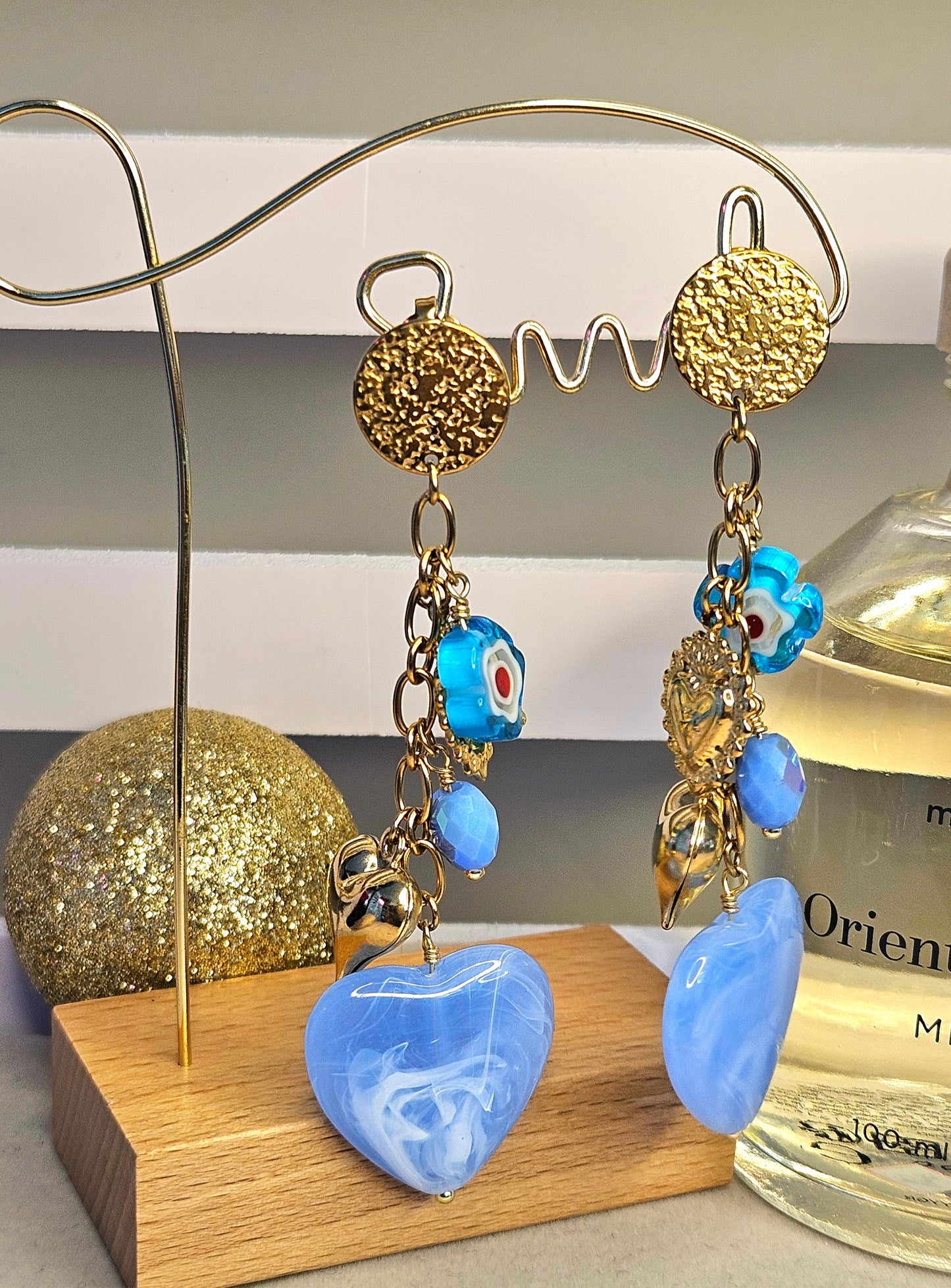 Boucles d'oreilles coeur verre bleu