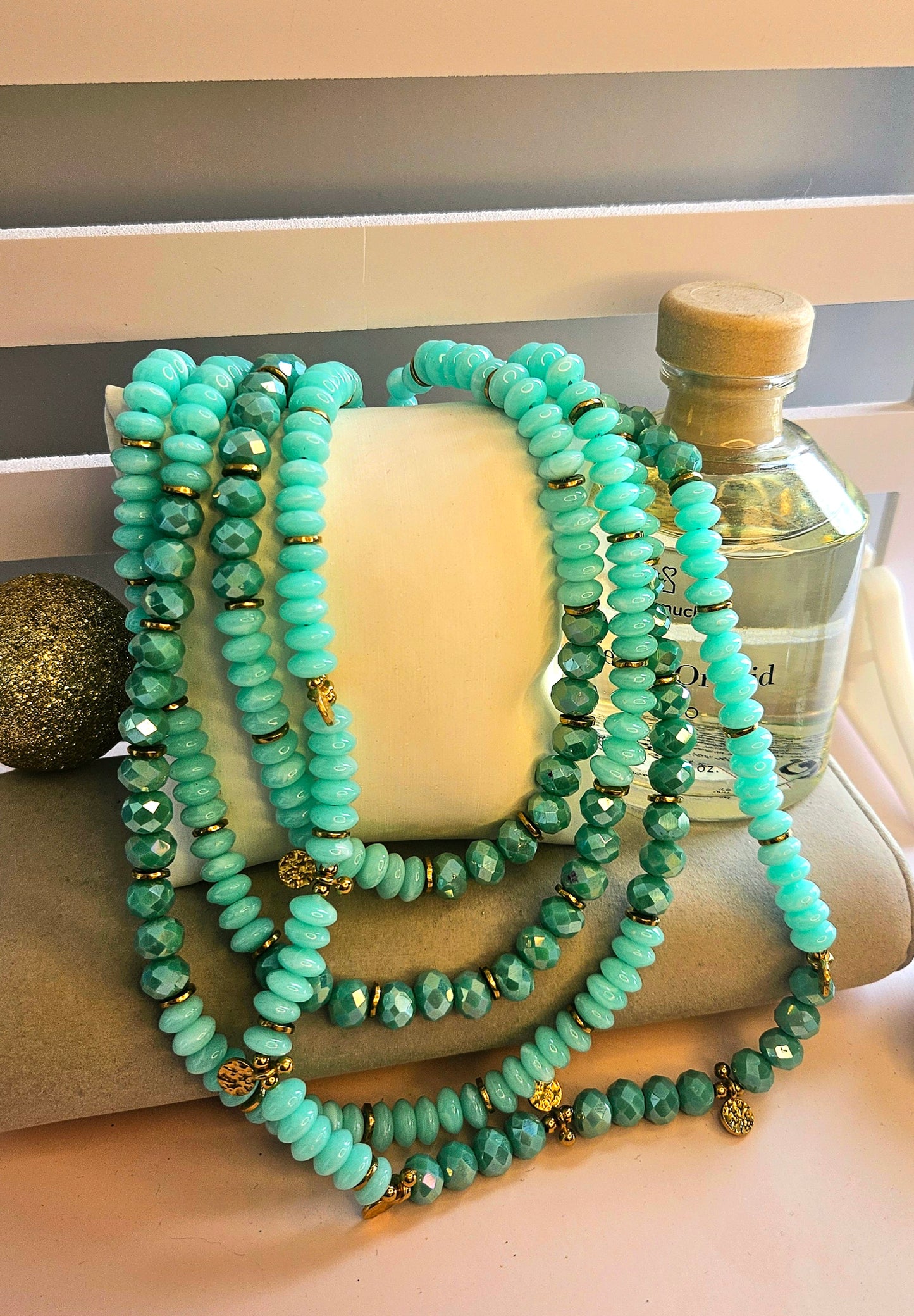 Collier multiré turquoise crystal et perle