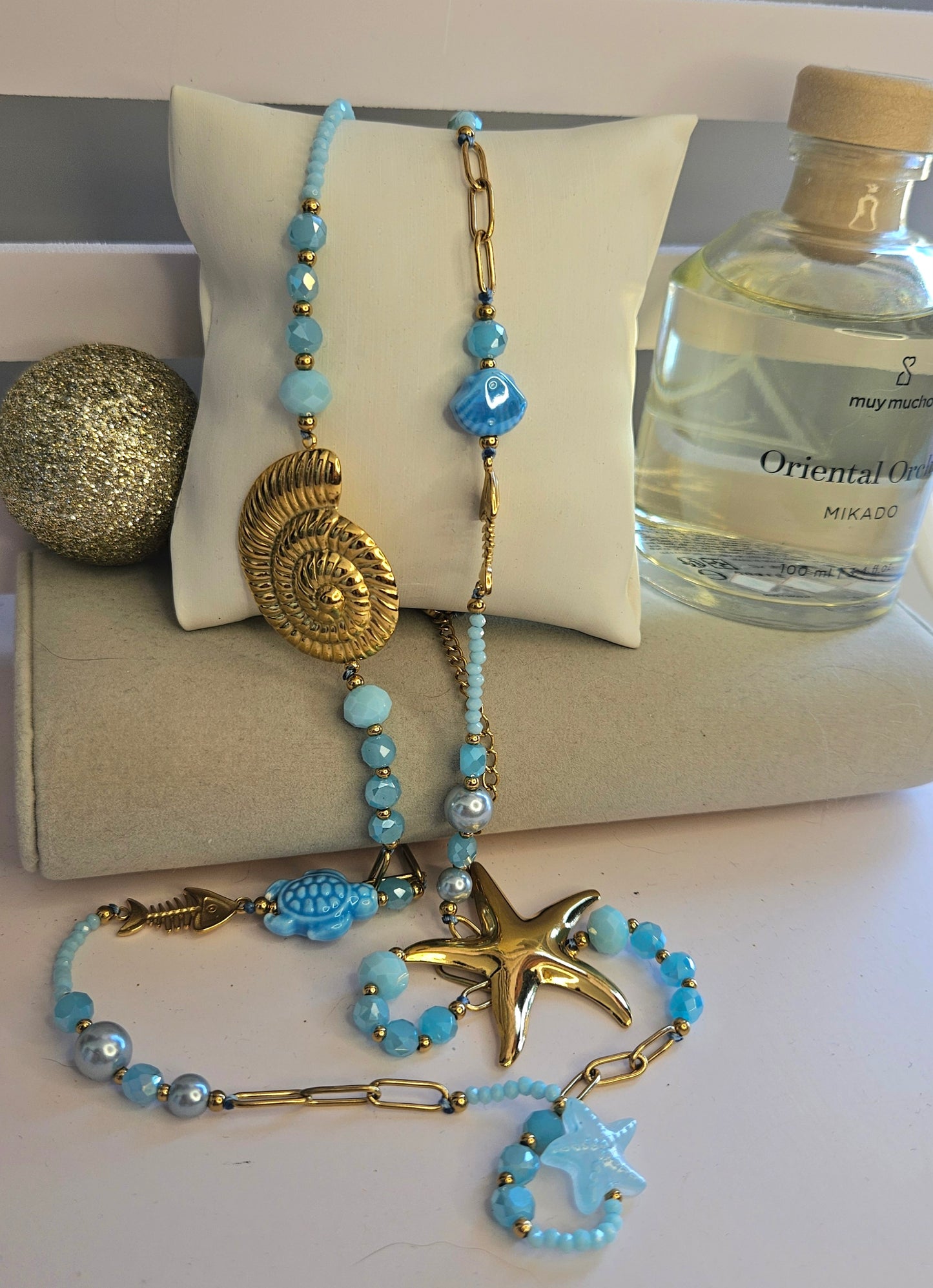 Collier sautoir bleu et etoile fin