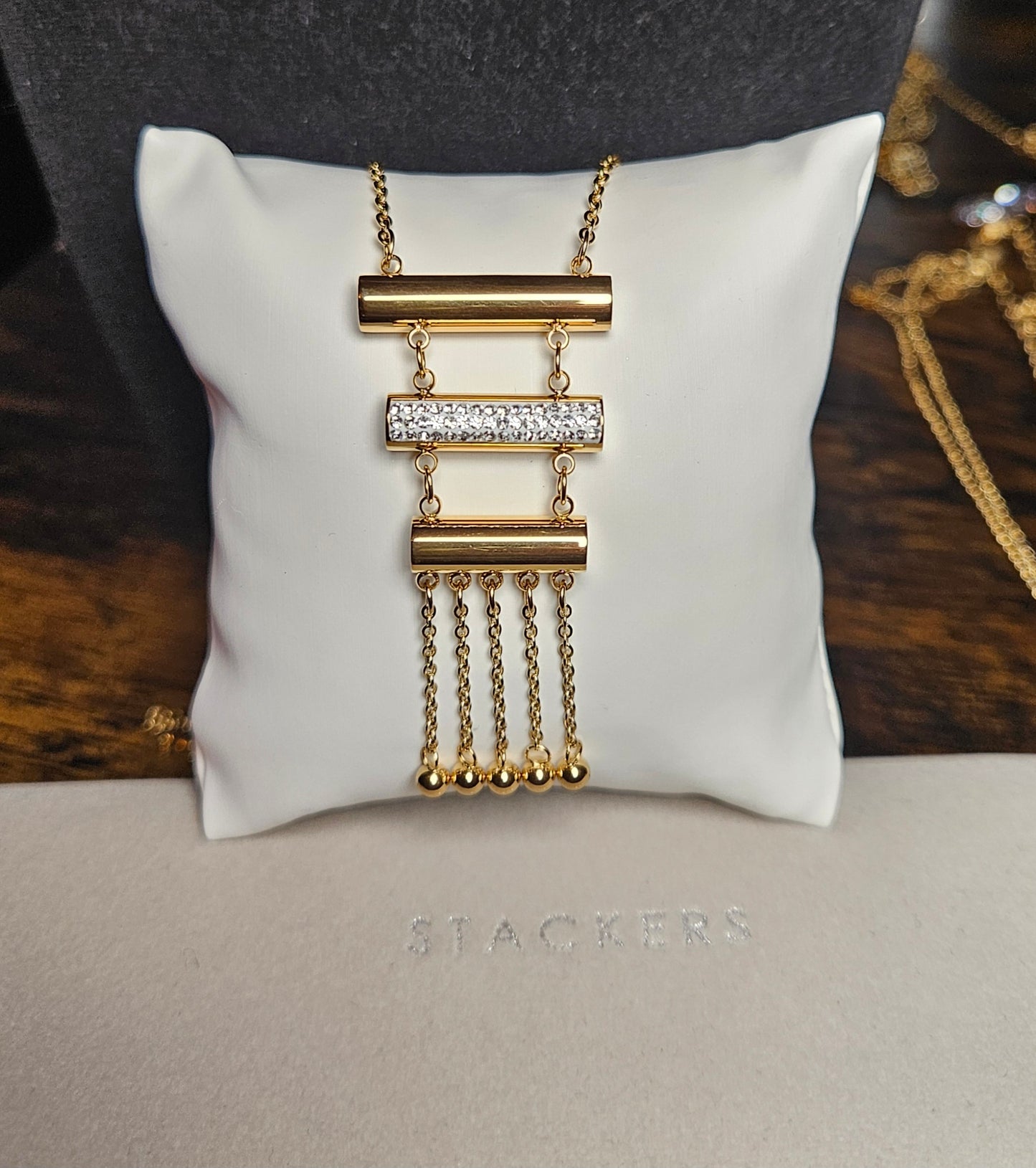 Collier 3 barres strass chaine et perles acier