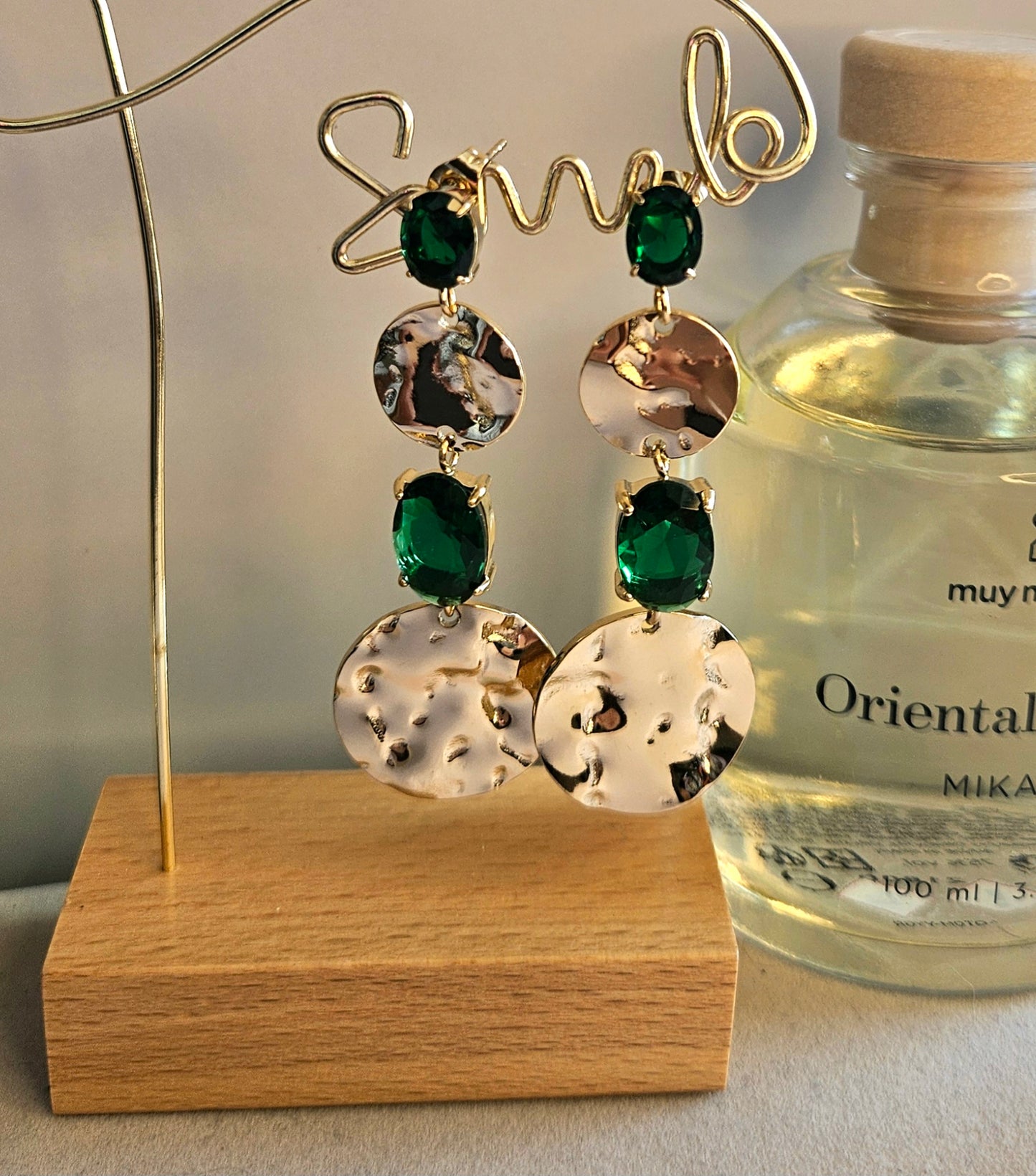 Boucles d'oreilles cristal vert et piece