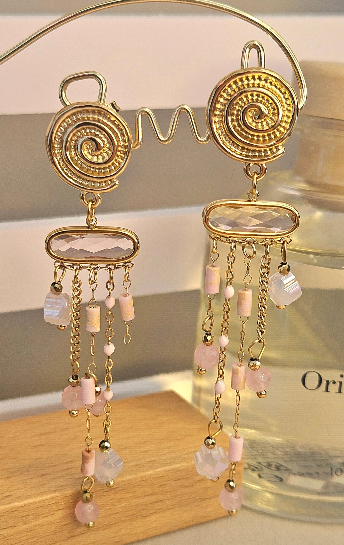 Boucles d'oreilles jades et cristal rose