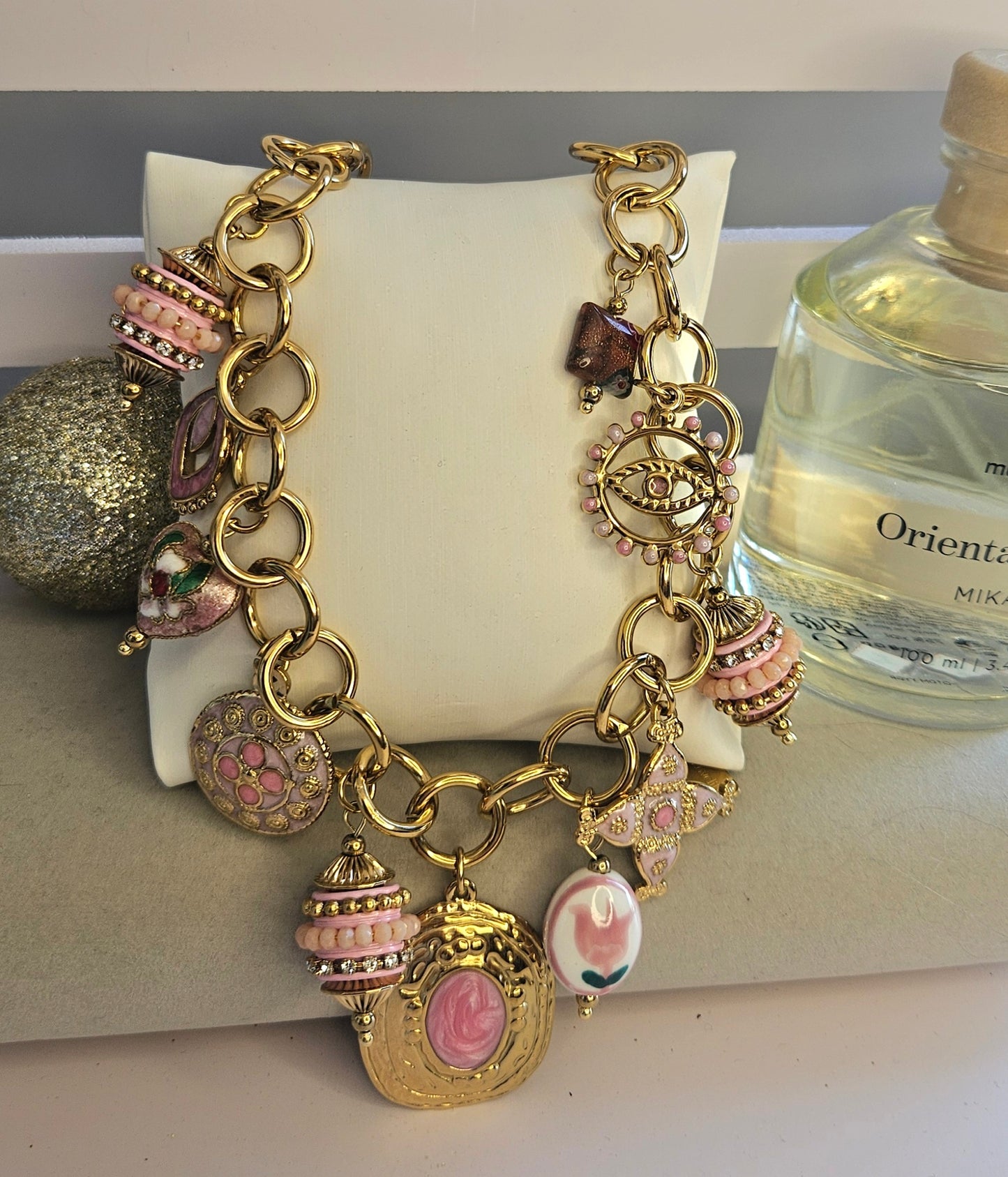 Collier sautoir rose ceramique