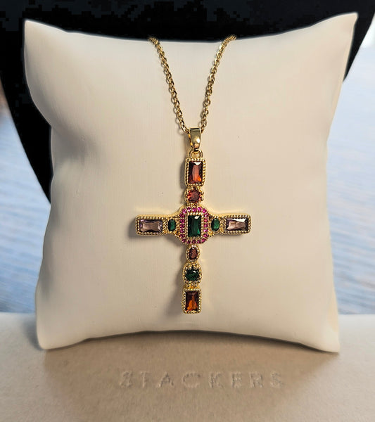 Collier croix cristal multicolore grande