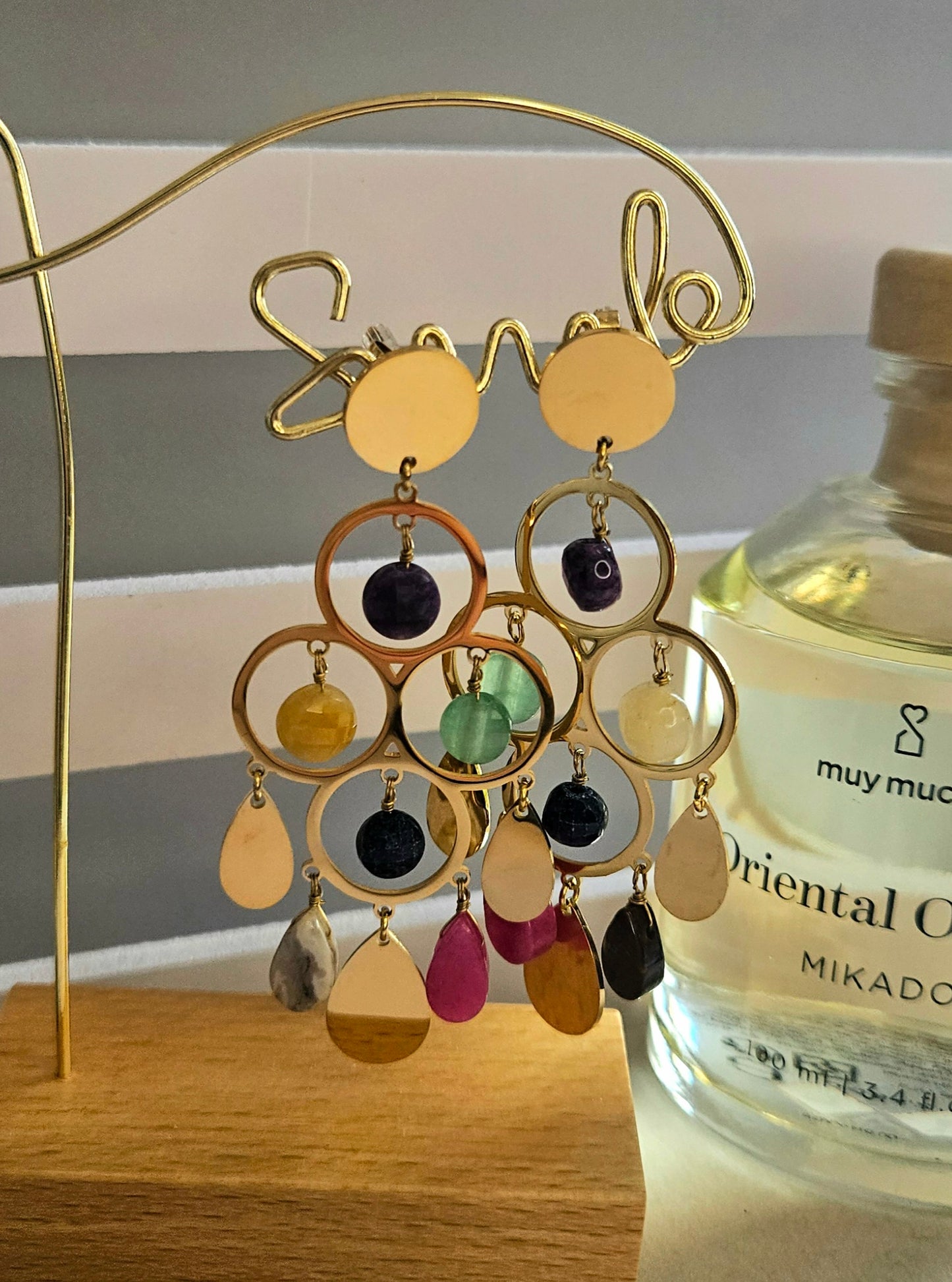 Boucles d'oreilles pendante anneau et pierre naturelle