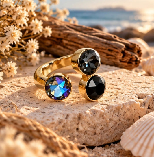 Bague 3 cristaux noires et multicolore swarovski