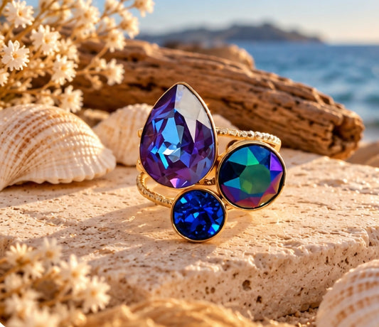 Bague 3 cristaux gouttes mauve swarovski