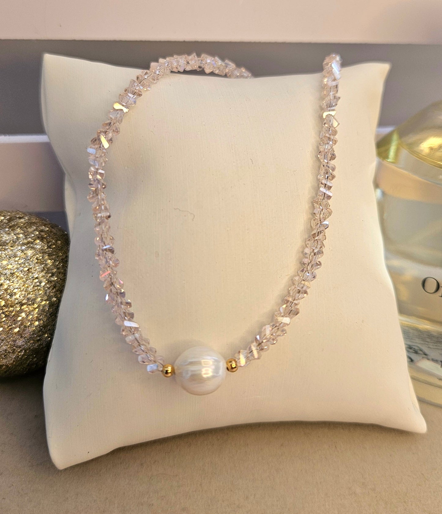 Collier cristal rose perle d'eau douce
