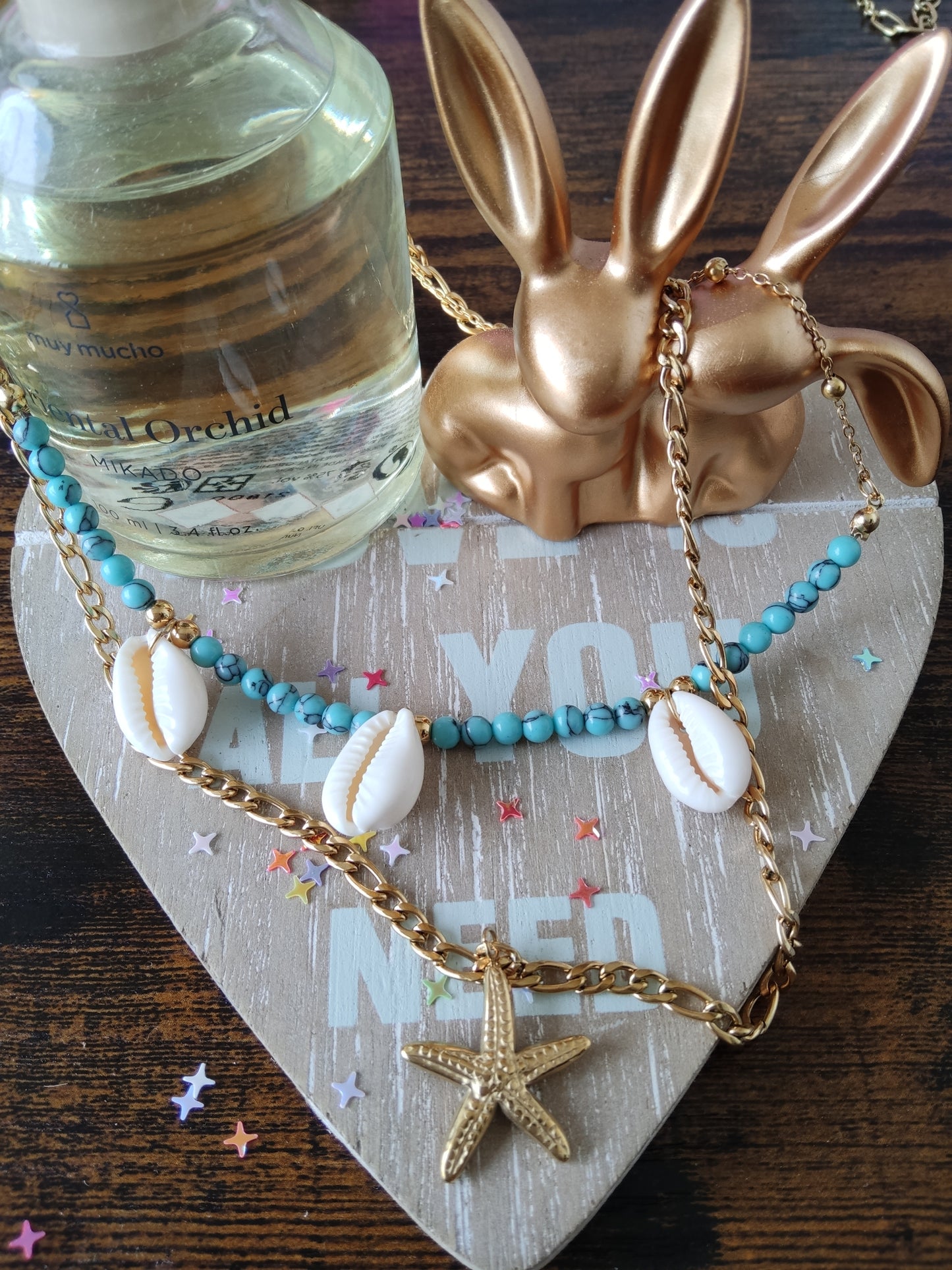 Double collier pierre bleue naturel et coquillages
