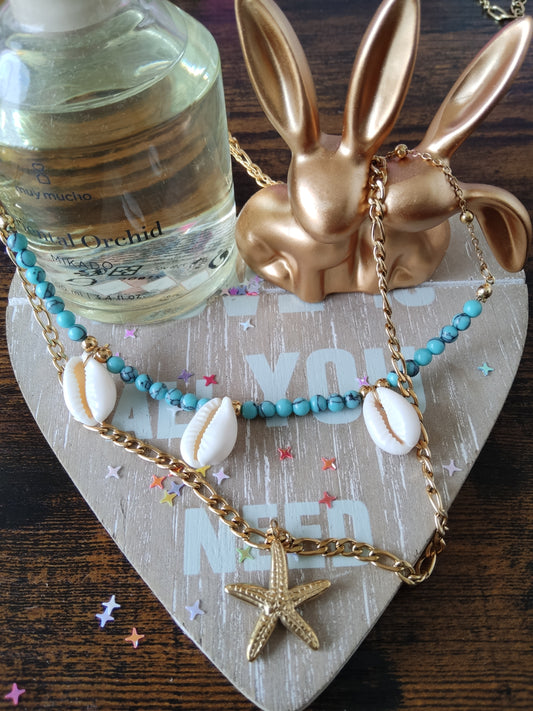 Double collier pierre bleue naturel et coquillages