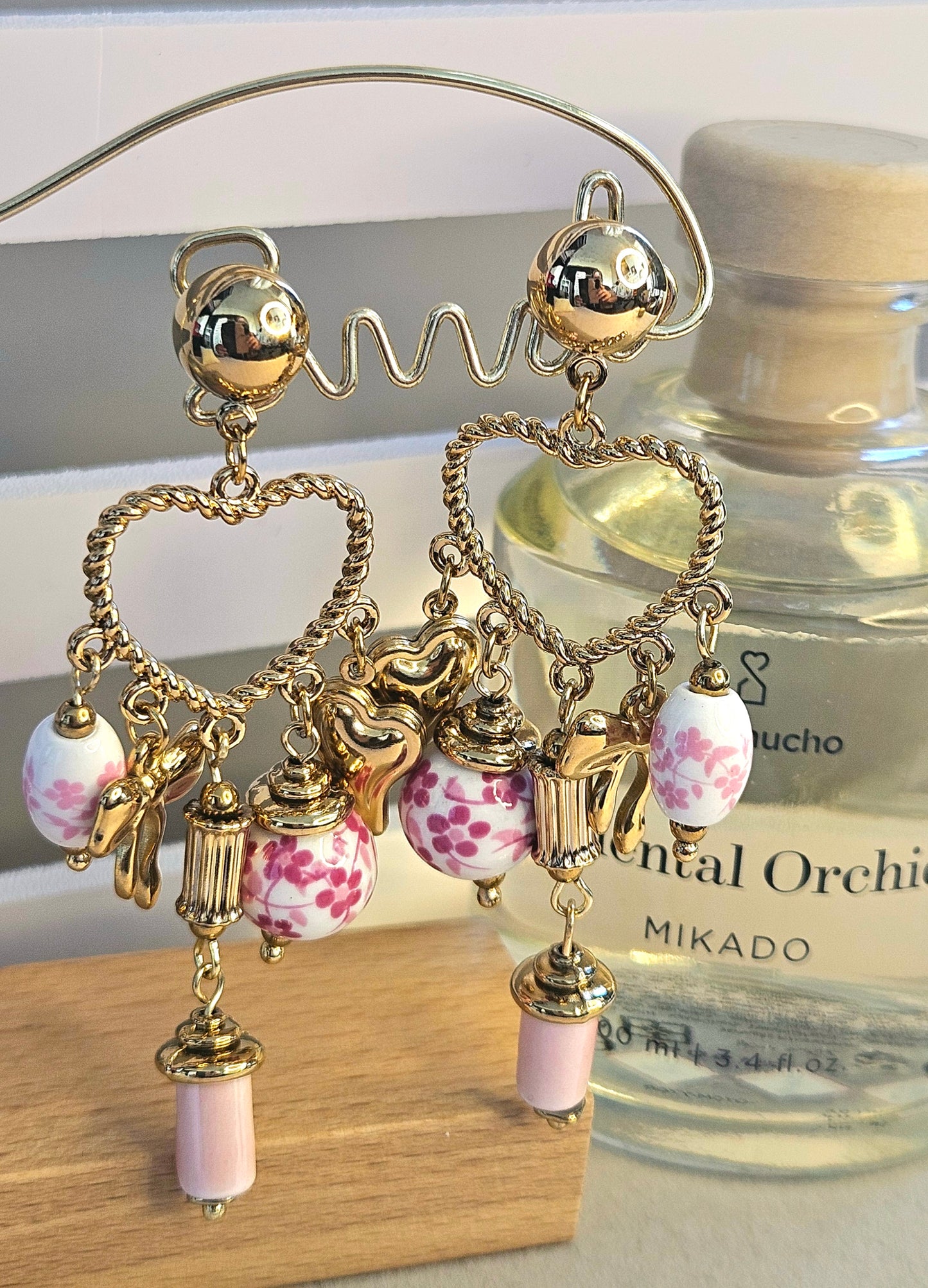 Boucle d'oreille ceramique rose coeur
