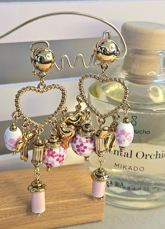 Boucle d'oreille ceramique rose coeur