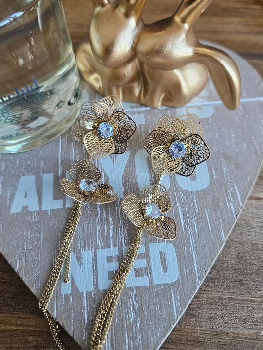 Boucles d'oreilles double fleur strass