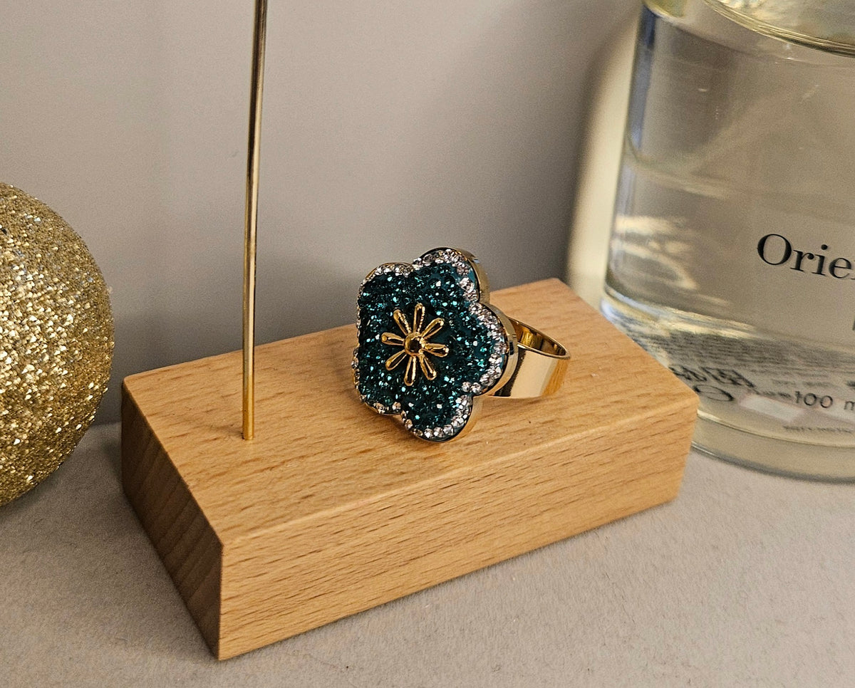 Bague zirconium fleur verte