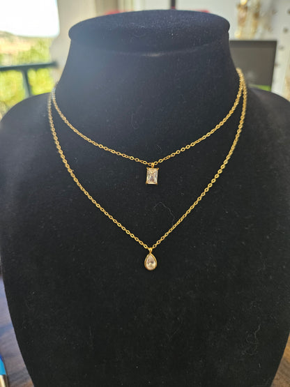 Collier double chêne goutte et rectangle cristal