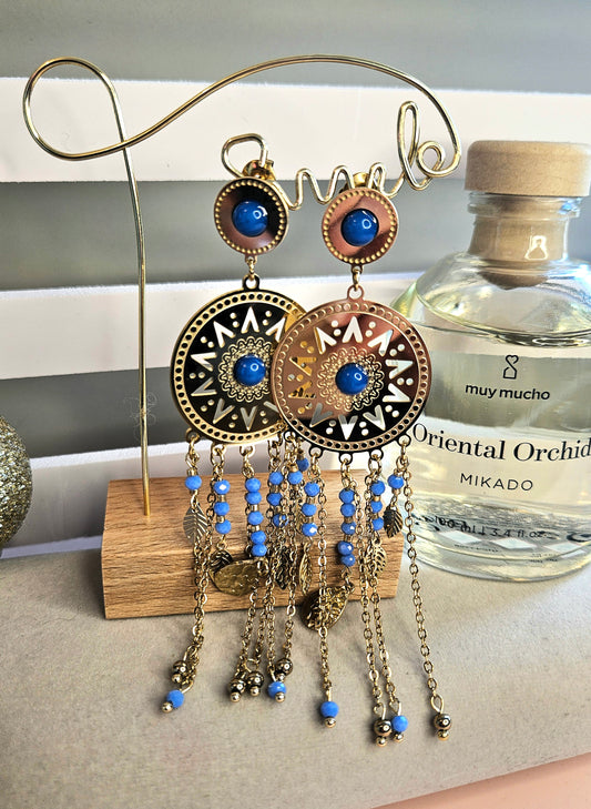 Boucles d'oreilles rondes bleues ethniques