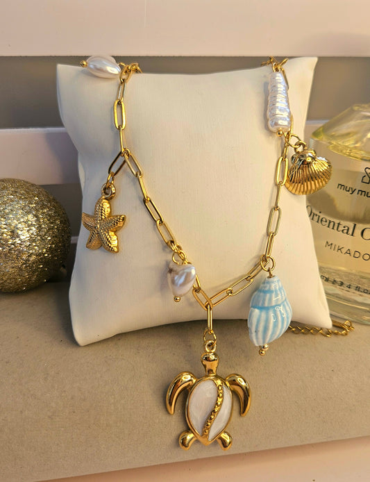Collier tortue et coquillage bleu