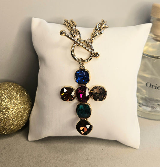 Collier croix multicolore cristal