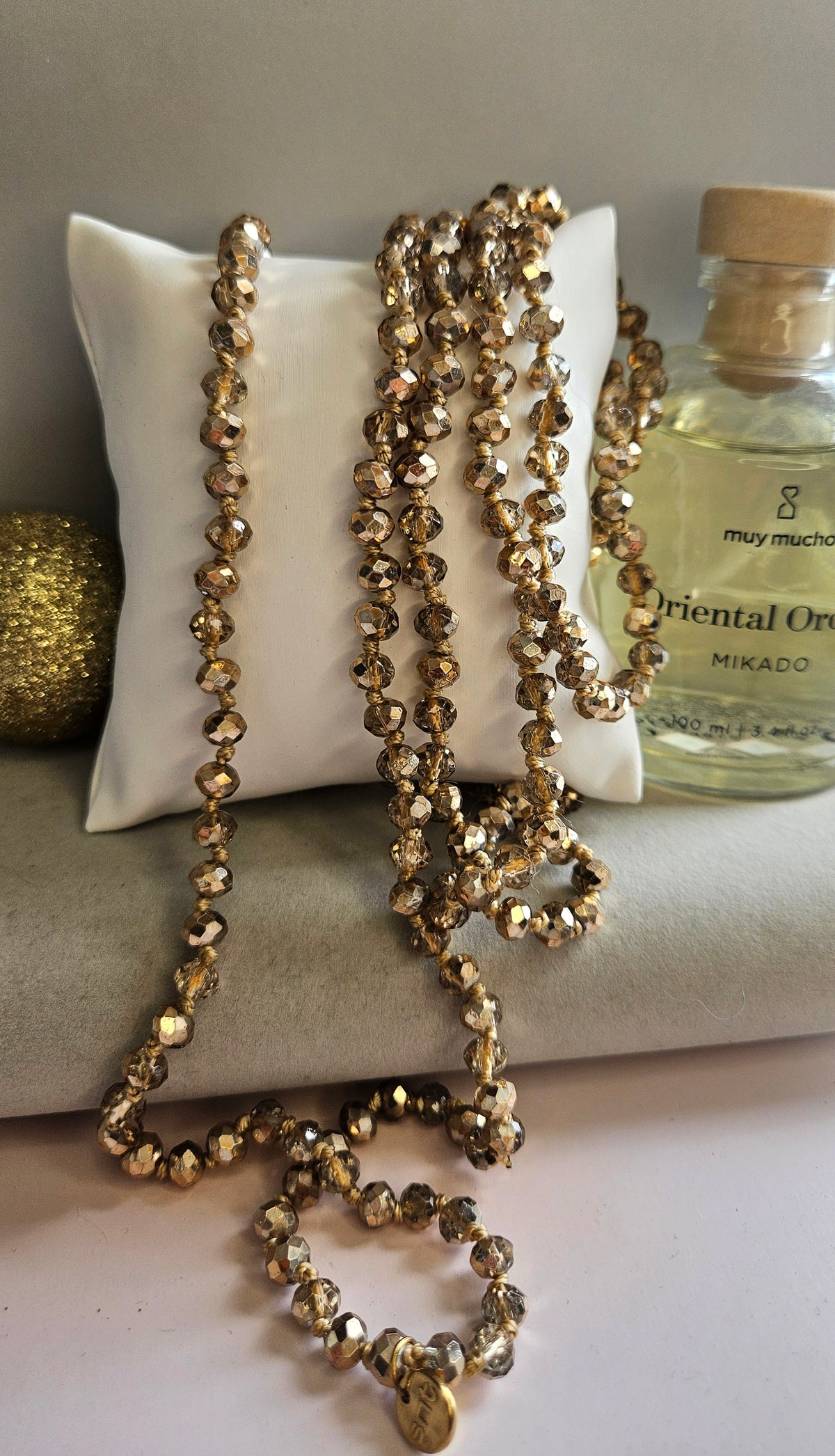 Collier sautoir perle champagne cristal