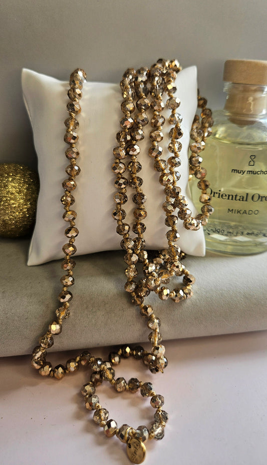 Collier sautoir perle champagne cristal