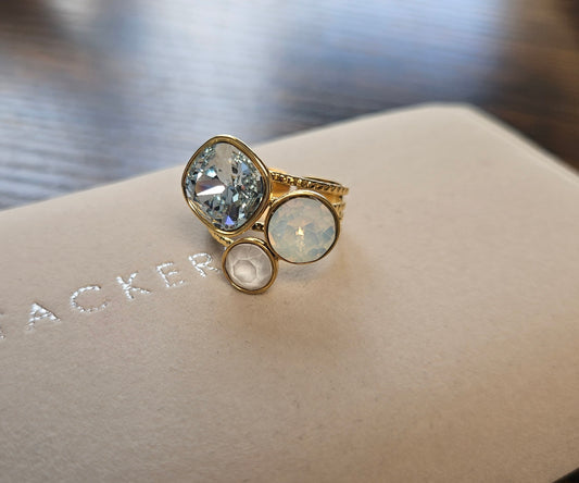 Bague swarovski bleu clair blanc givré trois pierres