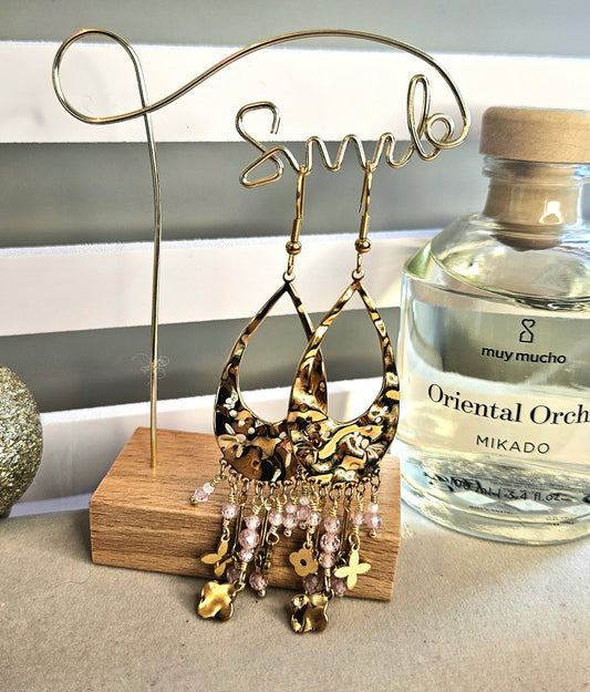Boucles d'oreilles créoles longues rose perles