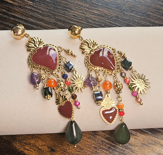 Boucles d'oreilles bohème bordeaux coeur