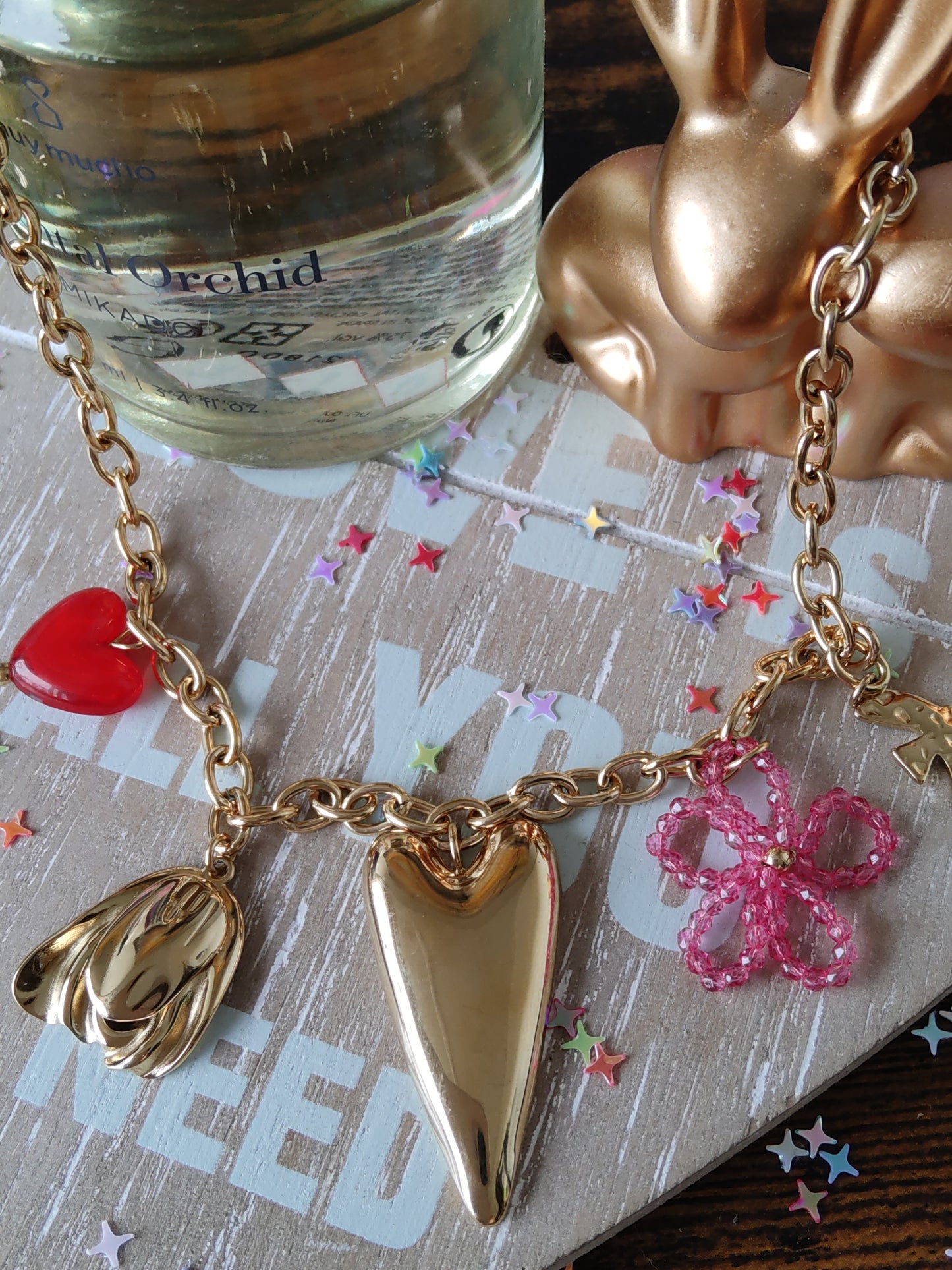 Collier cœur perle rose et cœur rouge