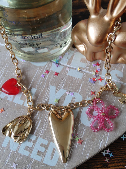 Collier cœur perle rose et cœur rouge
