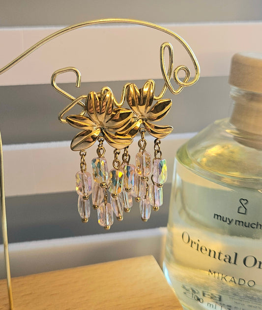 Boucles d'oreilles fleurs et cristal rose irisé