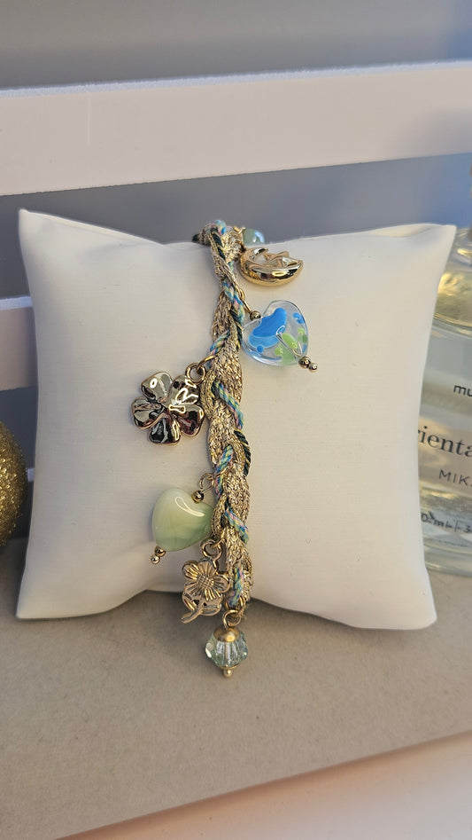 Bracelet or coeur en verre bleu