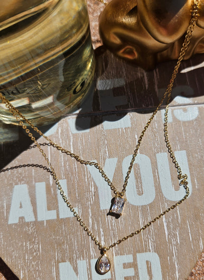 Collier double chêne goutte et rectangle cristal