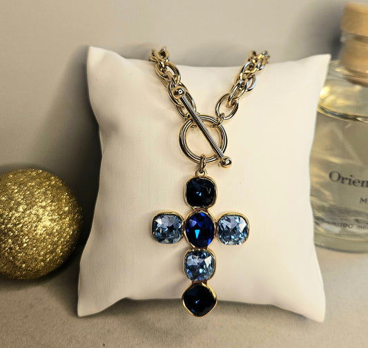 Collier croix cristal bleu