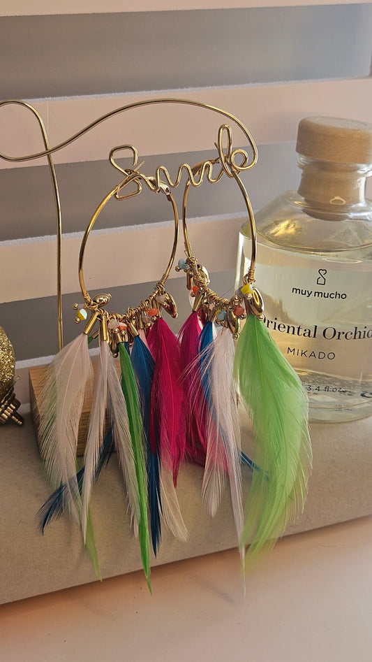 Boucles d'oreilles créoles plumes multicolore