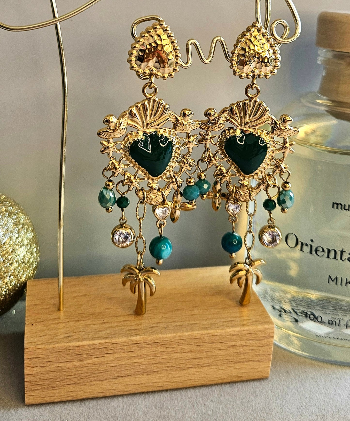 Boucles d'oreilles coeur cristal verte