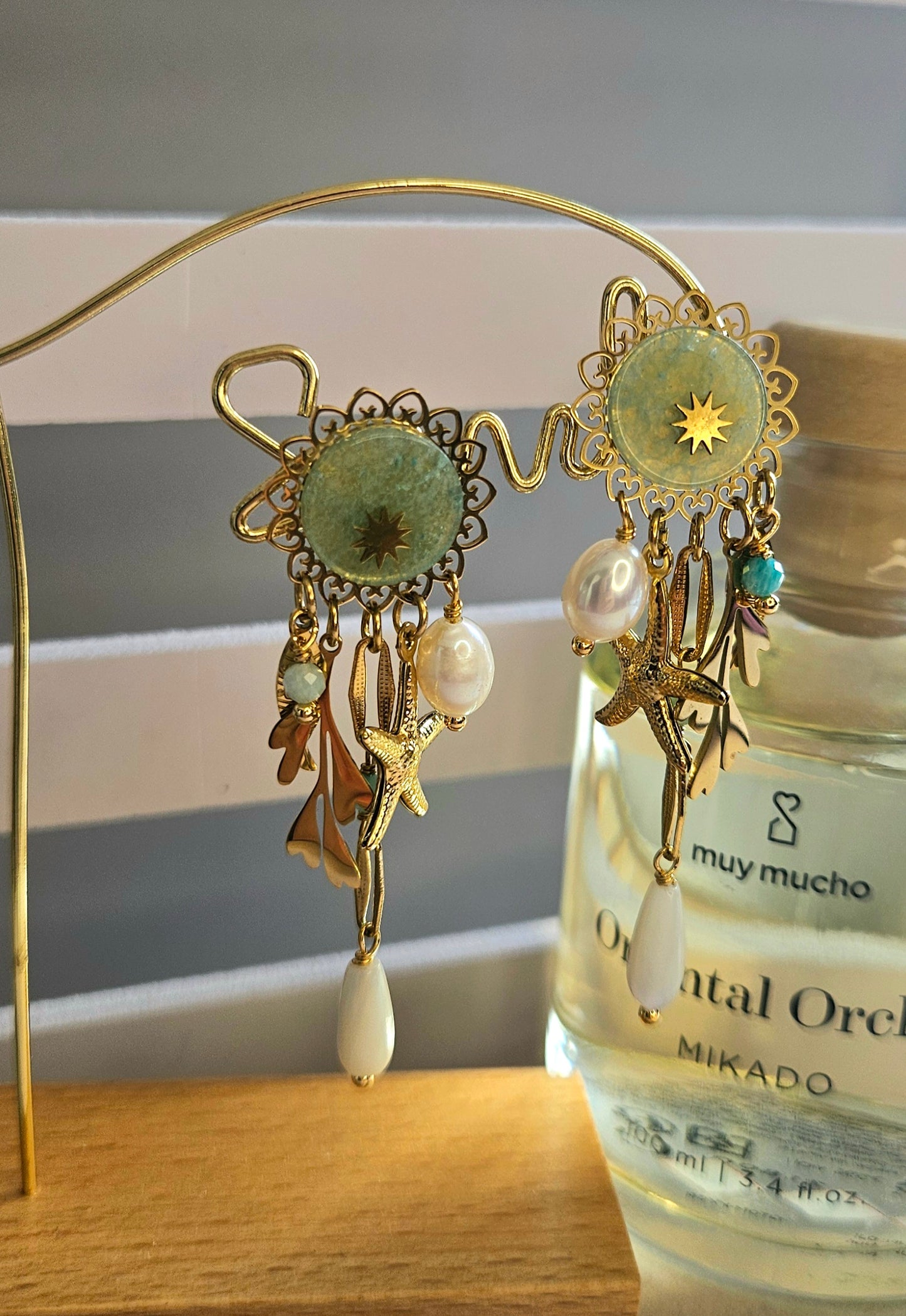 Boucles d'oreilles pierre naturelle verte et perle étoile