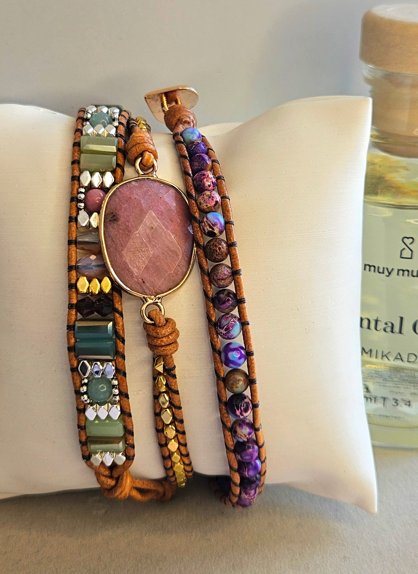 Bracelet pierre naturelle rose cuir