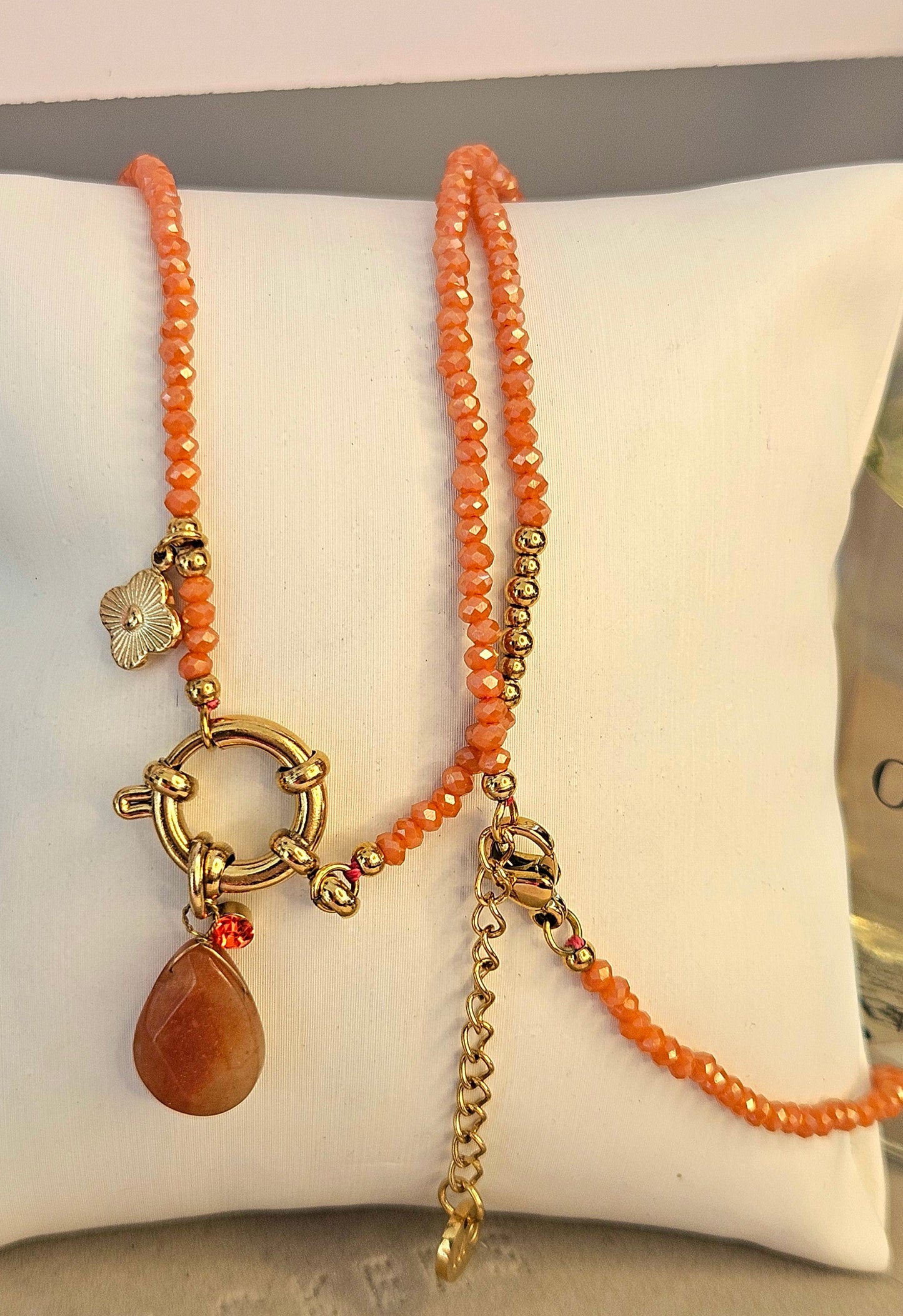 Collier sautoir orange et bracelet pierre naturelle