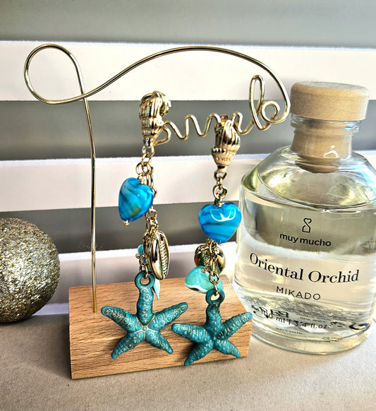 Boucles d'oreilles verre et pierre naturelle etoile bleue