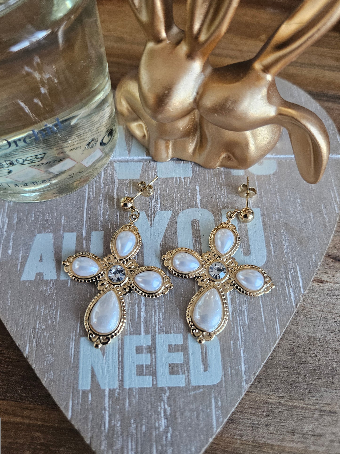 Boucles d'oreilles croix perle et strass