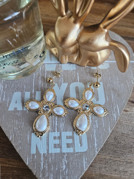 Boucles d'oreilles croix perle et strass